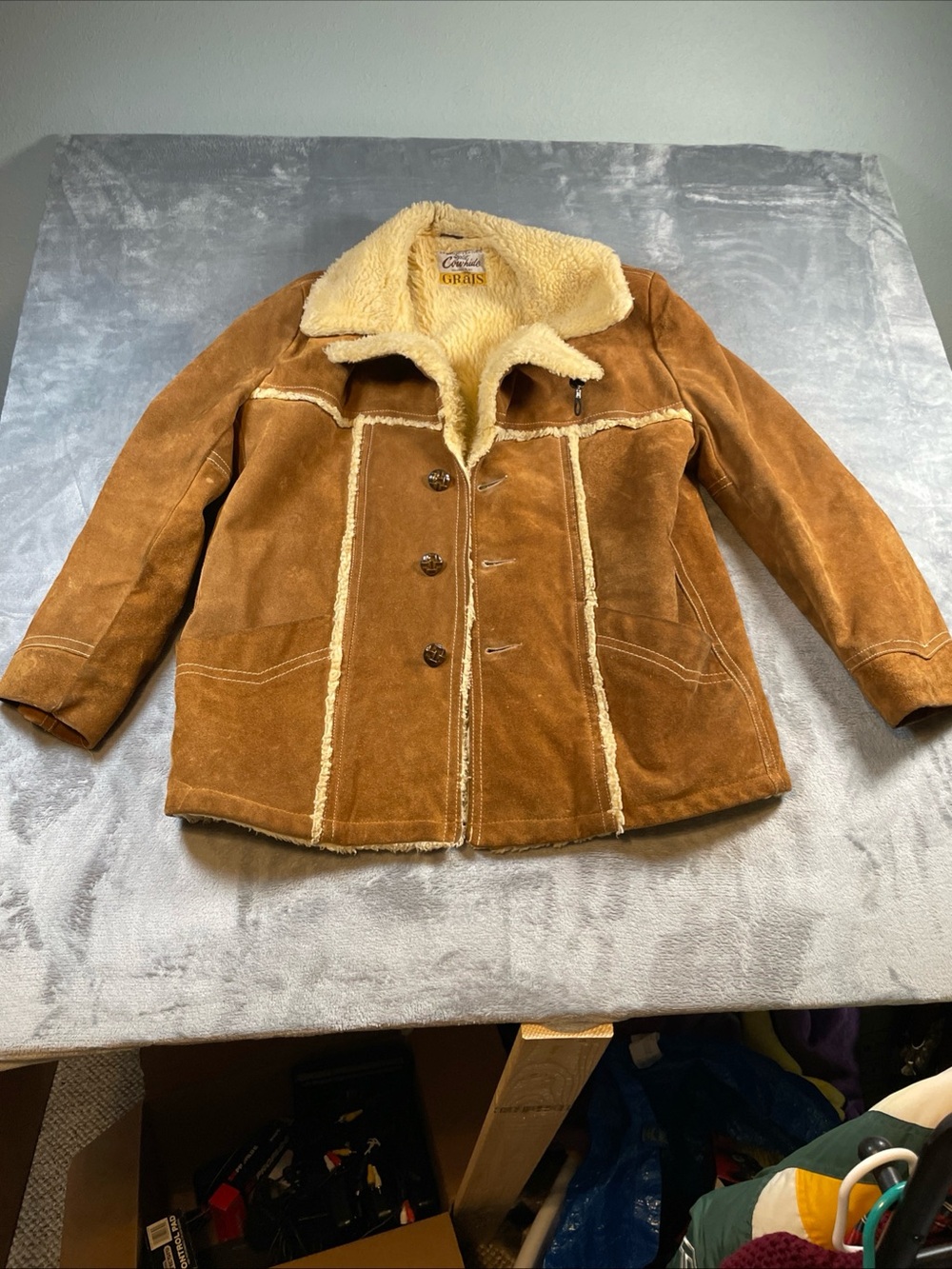 Vintage Grais Split Cowhide Jacket Men 44 Tailored Leather Fleece Lined Brown